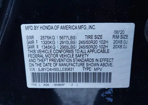 2020 Acura Mdx Technology Package z USA, uszkodzony, nr VIN 5J8YD4H50LL030831